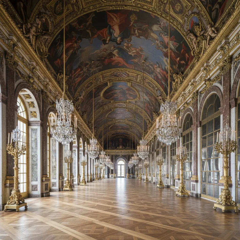 Opulent Baroque Hall of Mirrors, gilded and frescoed.