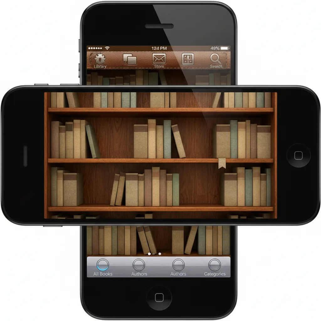 Early smartphone screen with skeuomorphic iBooks app.