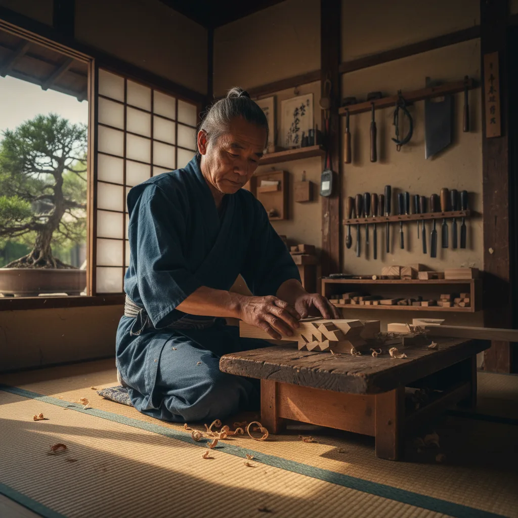 Japanese artisan crafting intricate traditional wooden joinery.