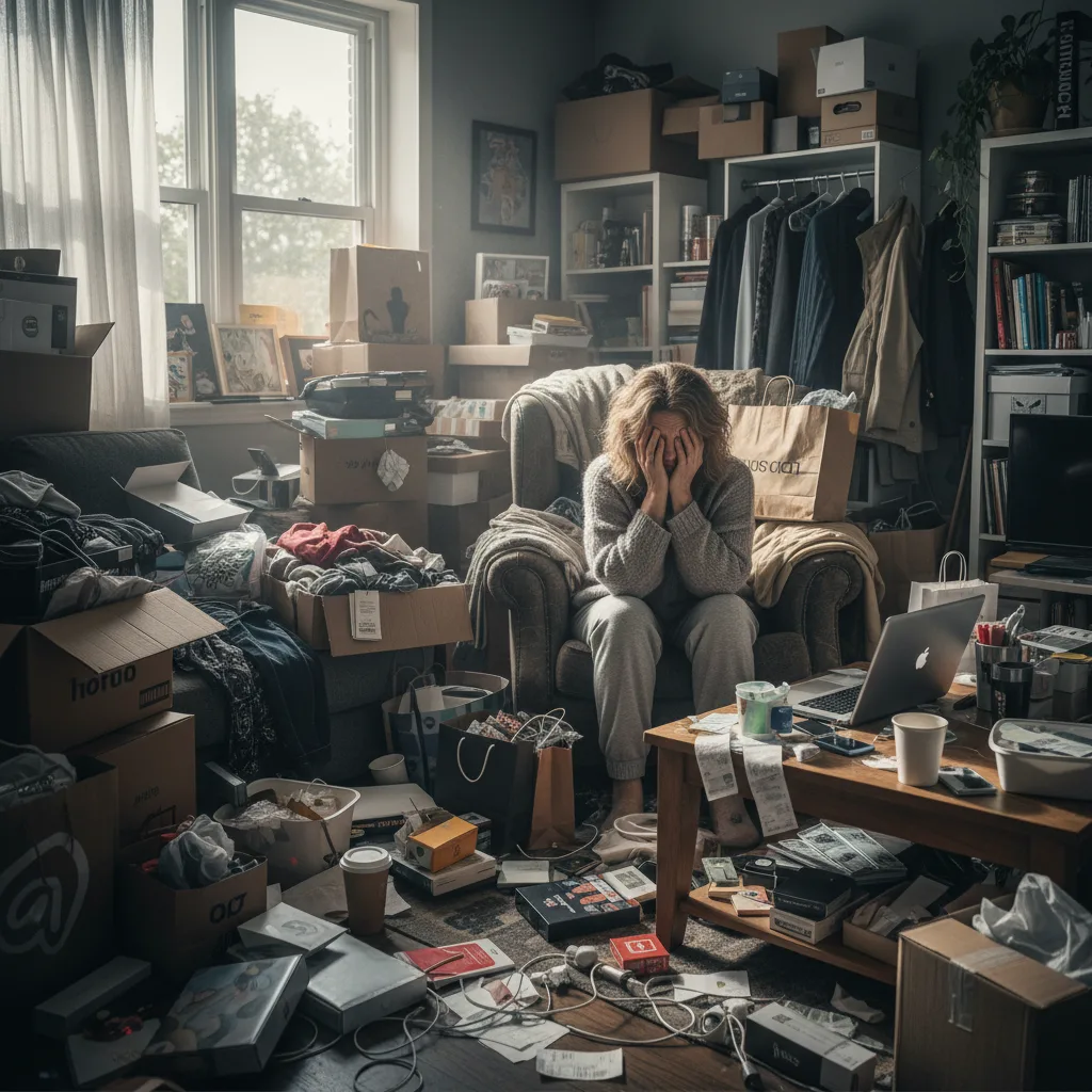 Overwhelmed person surrounded by many possessions and shopping bags.