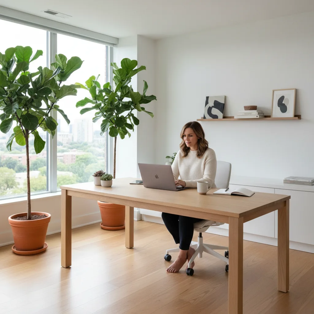 Calm person focused in a minimalist, organized home office.
