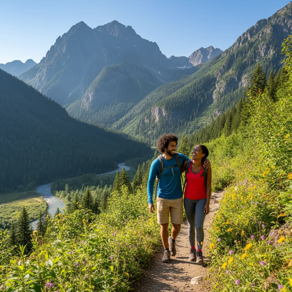 Happy couple hiking outdoors, enjoying nature and each other.