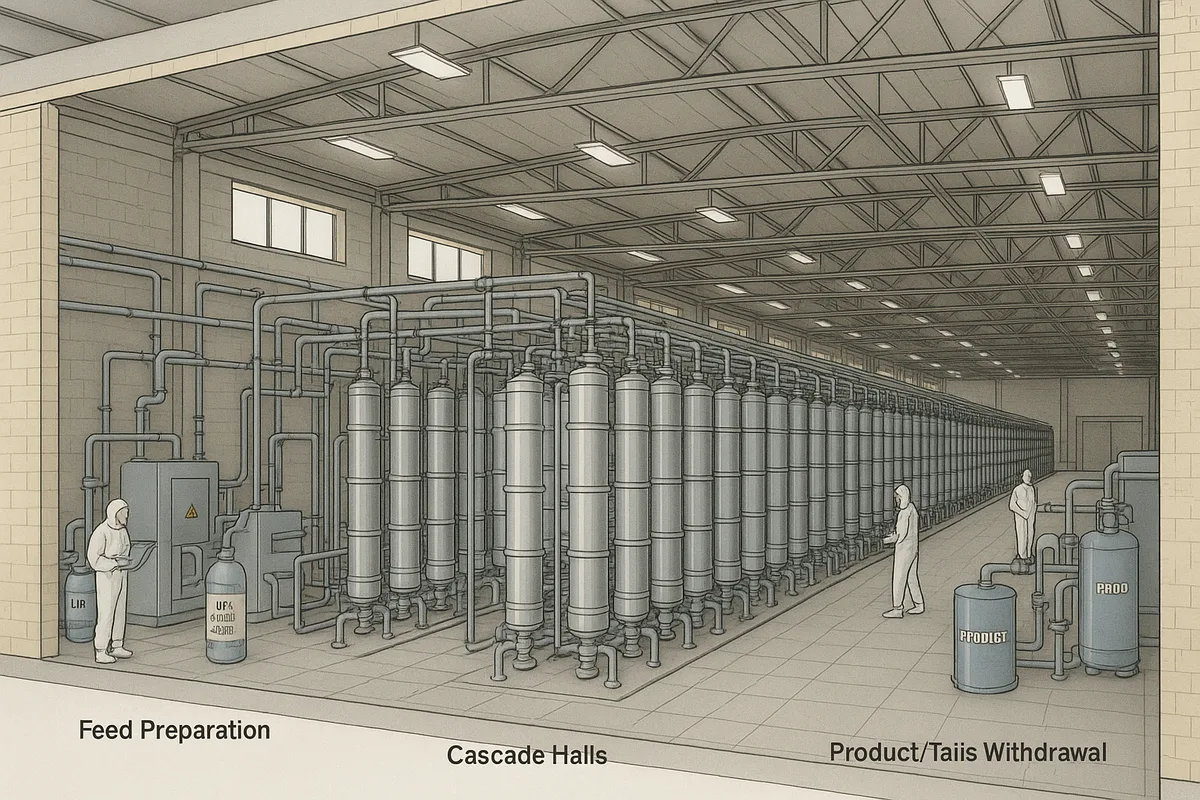 A uranium enrichment facility, often characterized by vast halls filled with centrifuges, is a criti