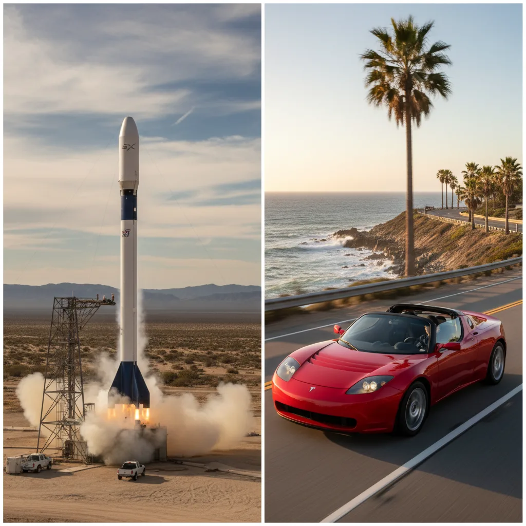 Elon Musk's audacious ventures: early SpaceX rocket and Tesla Roadster.