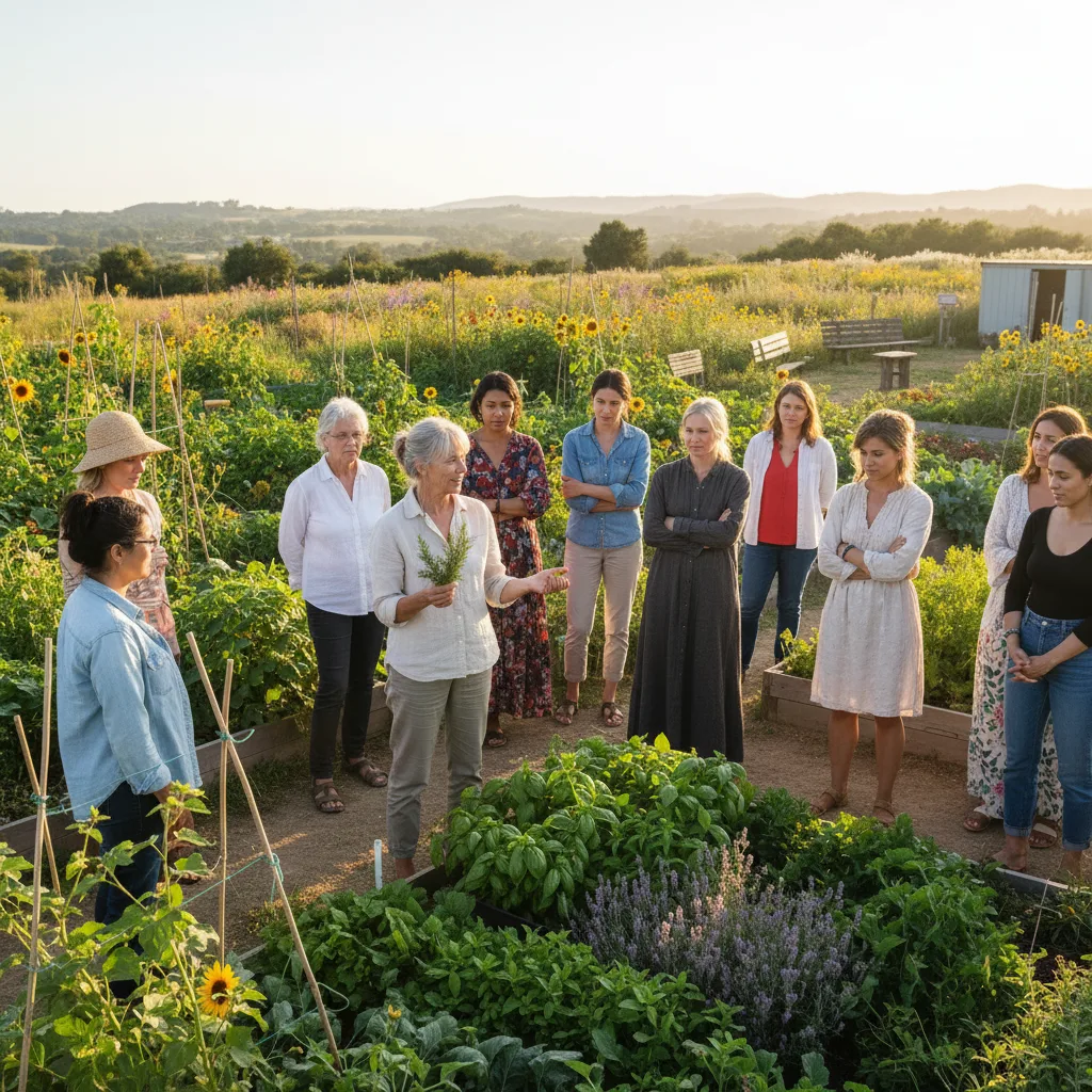 Modern woman blending traditional wisdom with community health and nature.