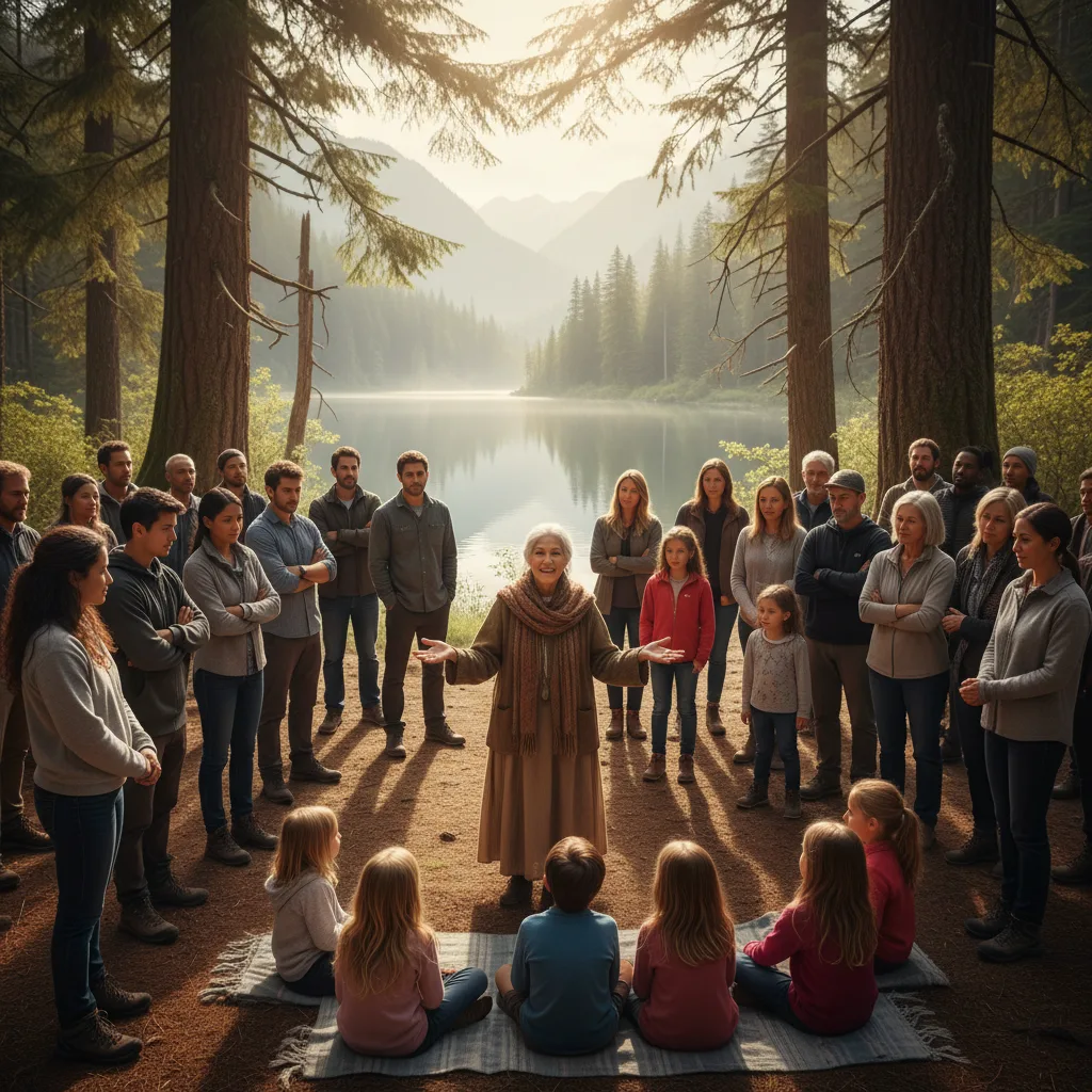 Modern woman leading a community gathering in a natural setting.