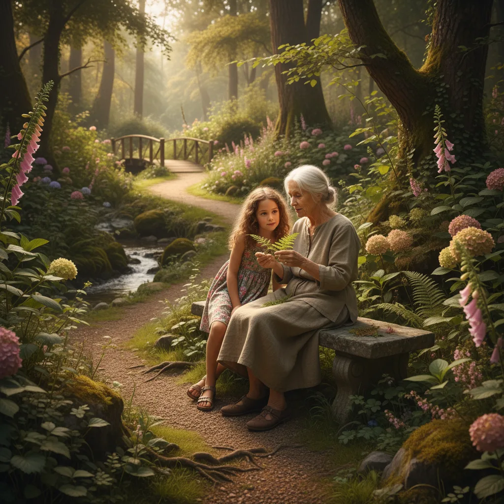 Grandmother sharing traditional knowledge with a young girl in nature.