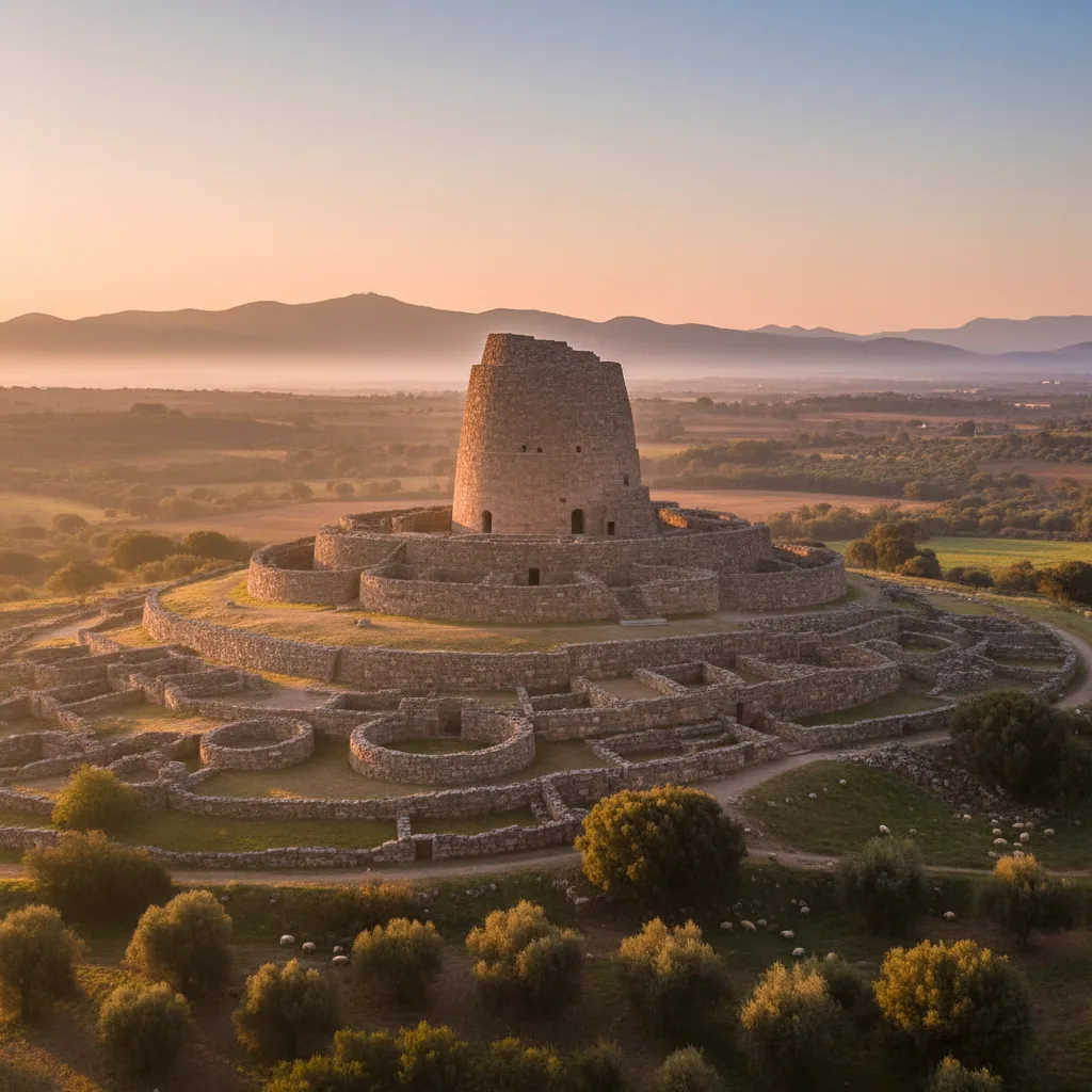 Ancient Nuragic stone towers stand majestically under a clear Sardinian sky.