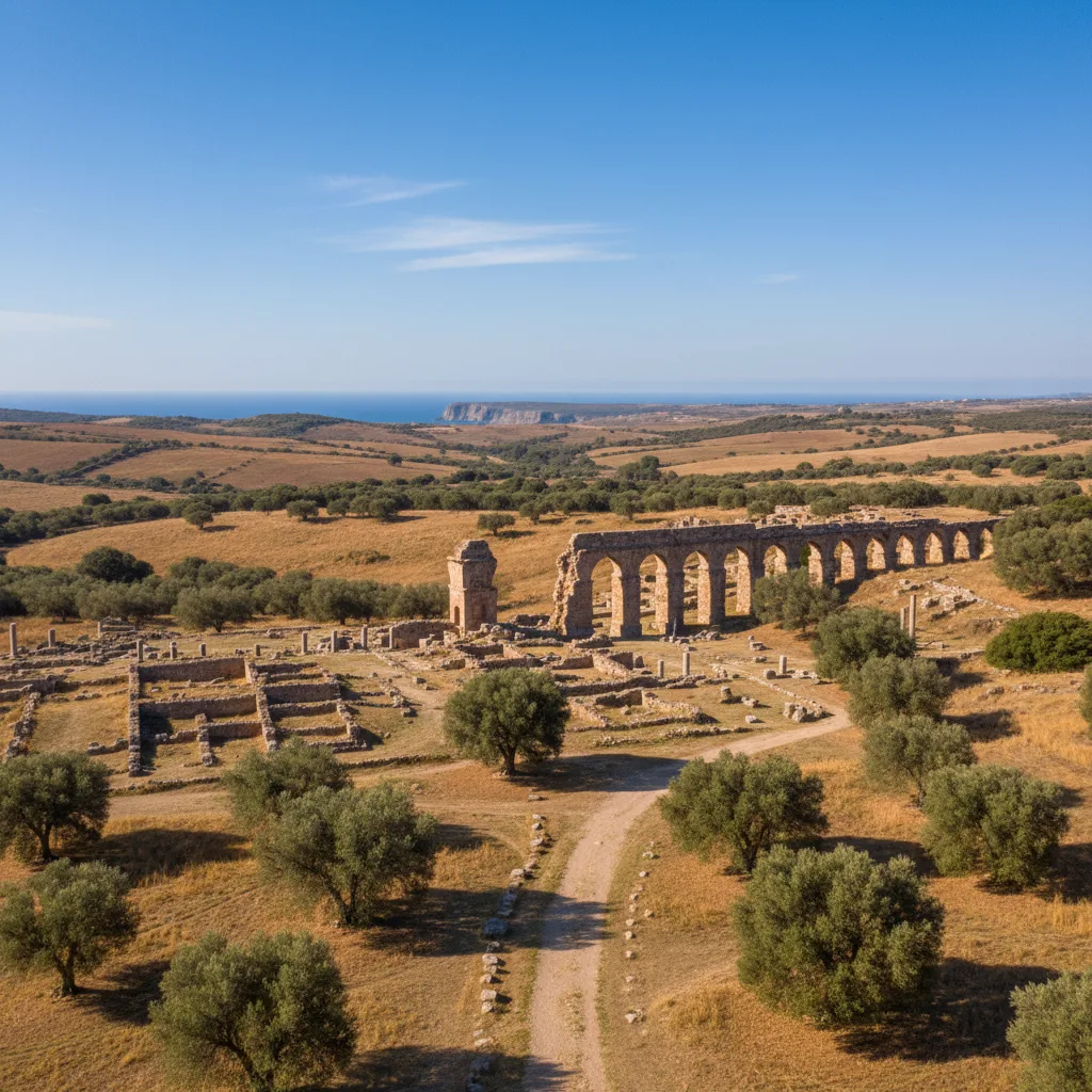 Ancient Roman aqueduct and ruins in Sardinia's landscape.