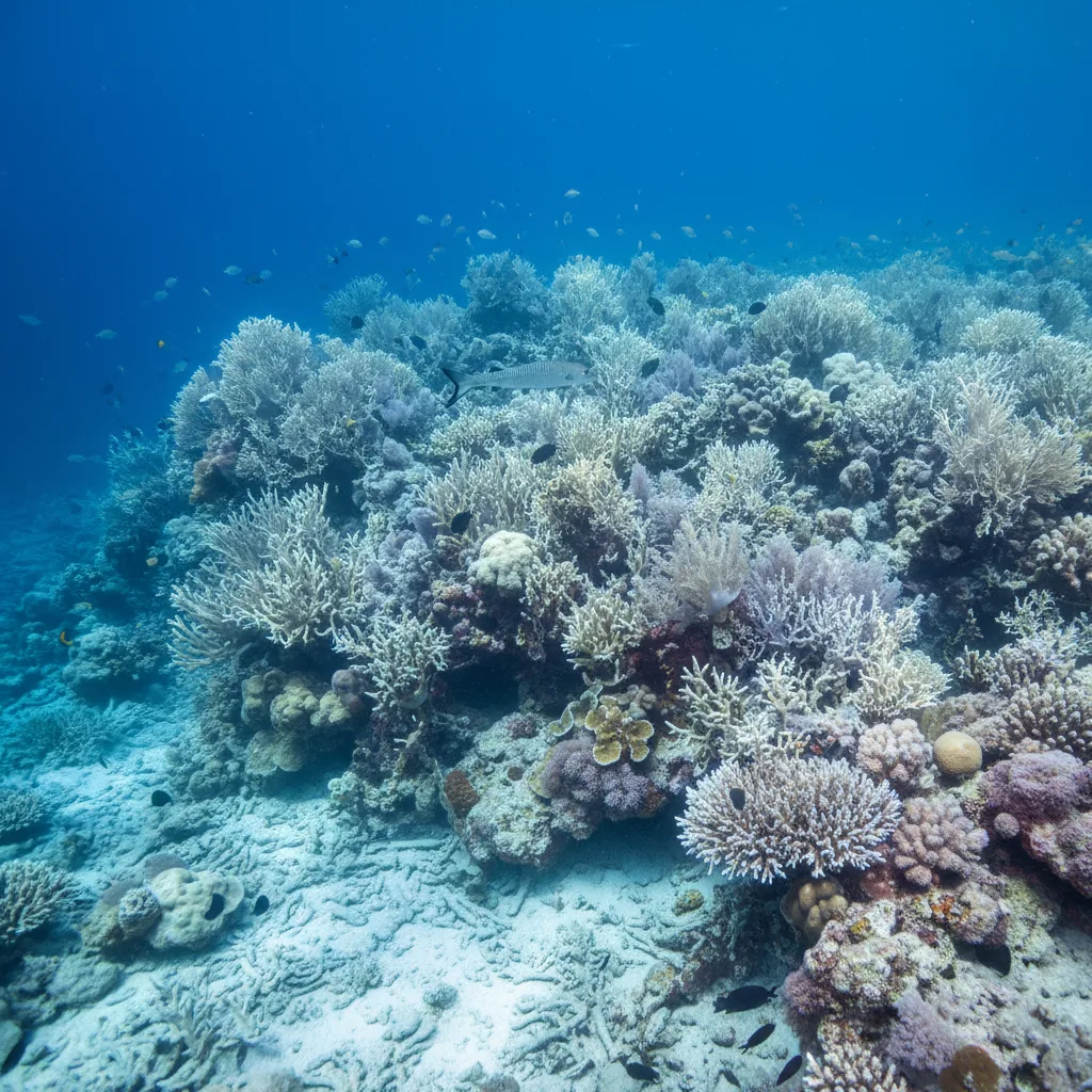 Vibrant coral reef suffering severe bleaching, ocean warming impact.