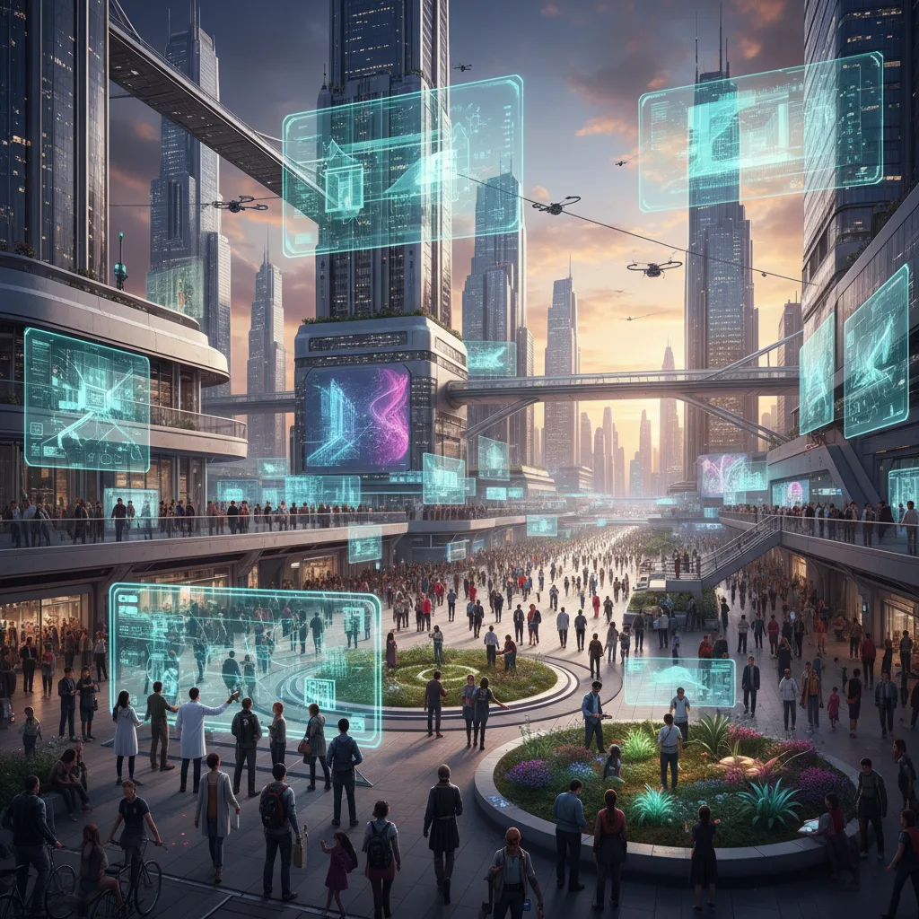 Dynamic future leadership landscape with technology and human elements.