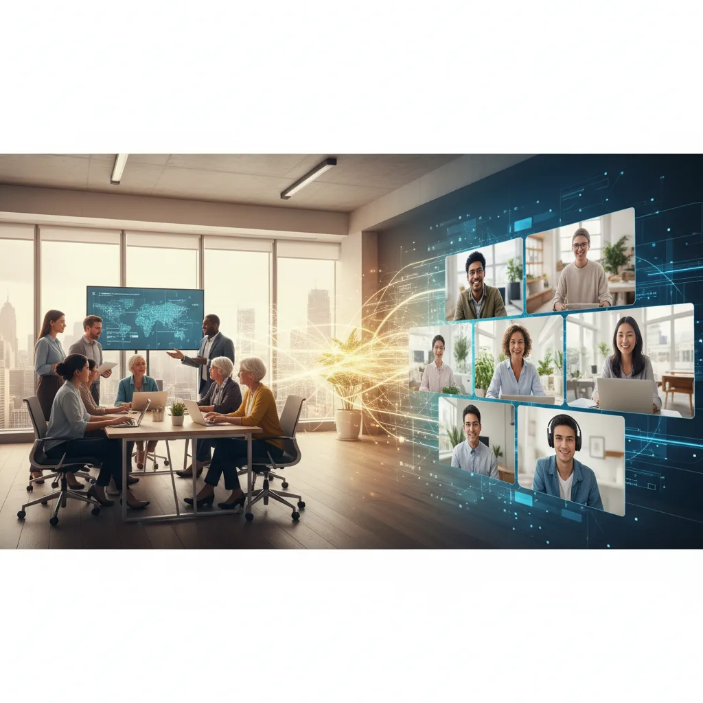 Diverse team collaborating in a human-centric hybrid work environment.