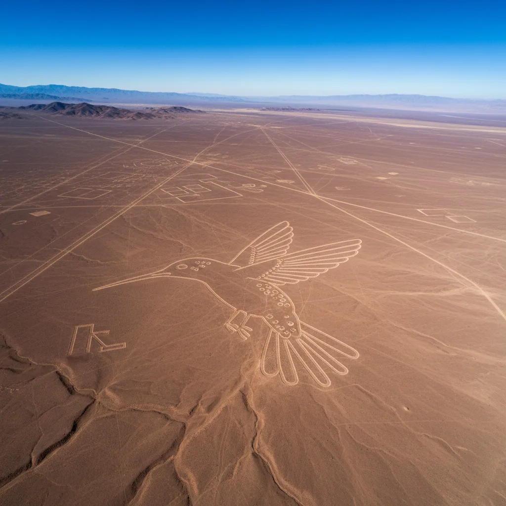 Vue aérienne du géoglyphe du colibri des lignes de Nazca.